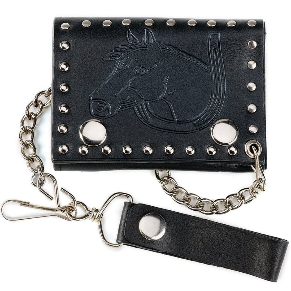 Genuine Leather Trifold Chain Wallet with Horse Head